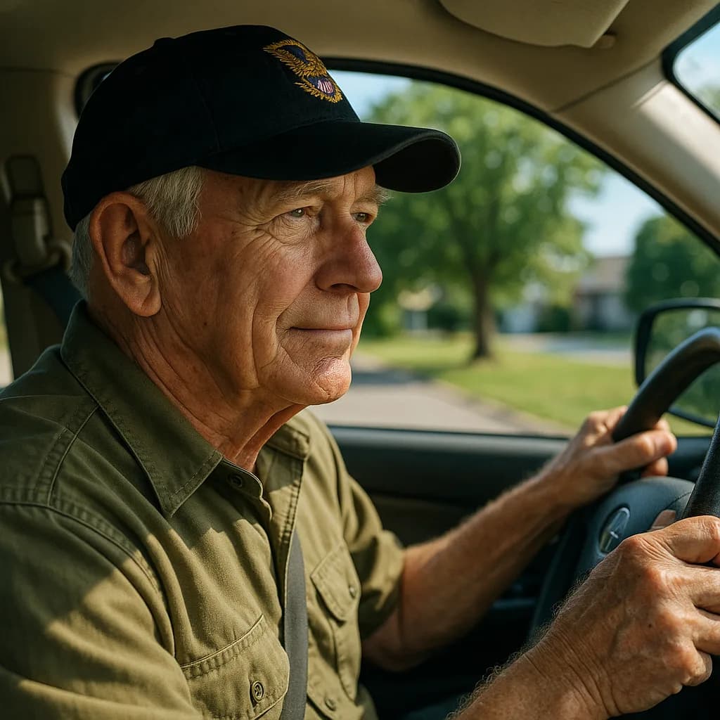 Elderly man in black cap driving car, looking ahead through windshield with residential street visible outside