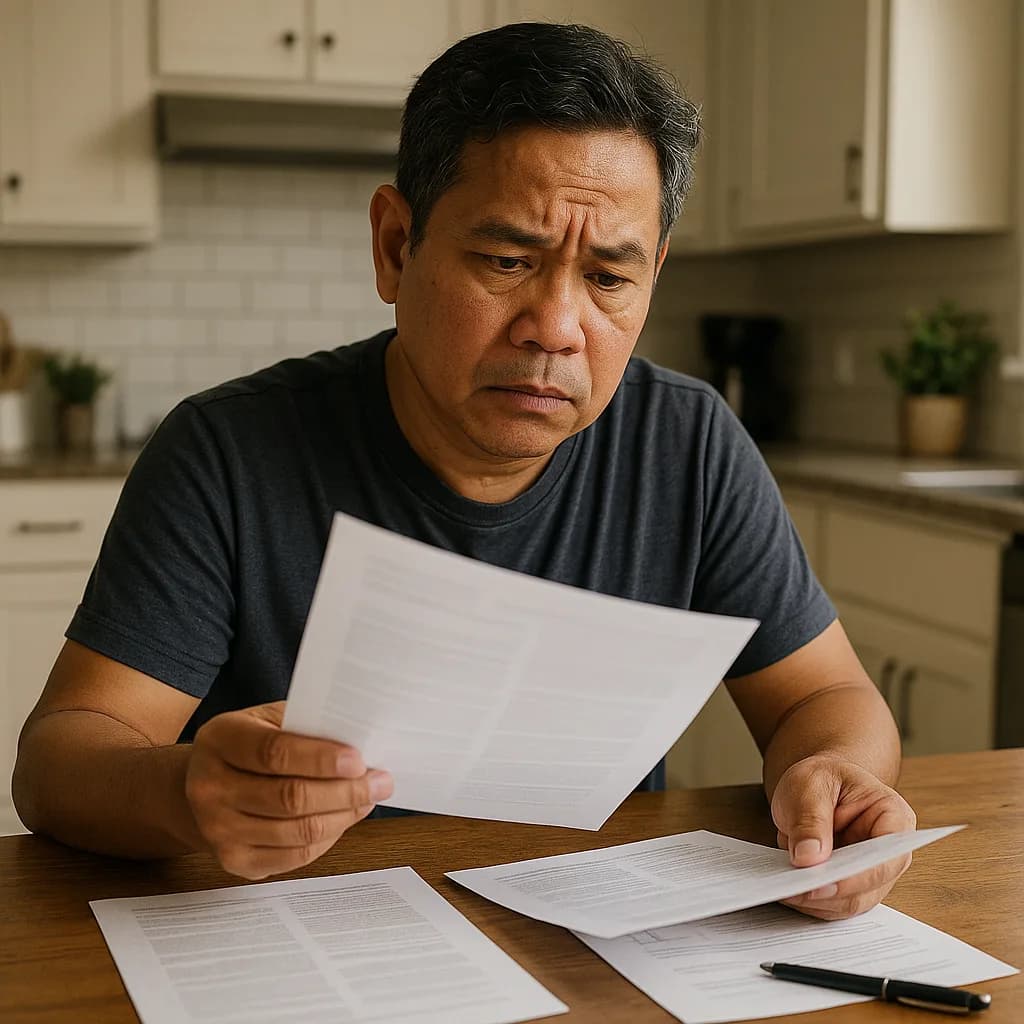 Worried man reviewing financial documents and bills at kitchen table with concerned expression