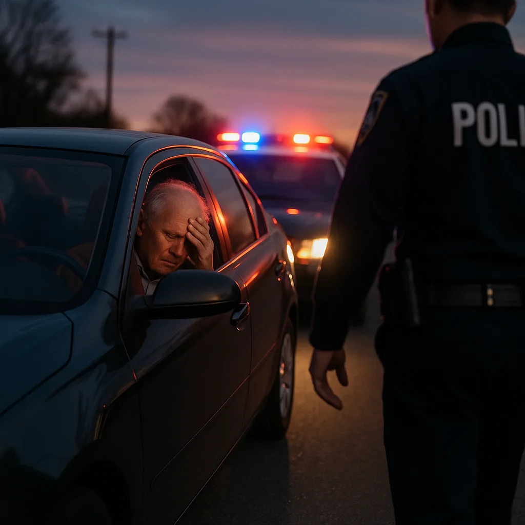 Police officer conducting traffic stop at sunset with stressed driver in vehicle and patrol car lights visible