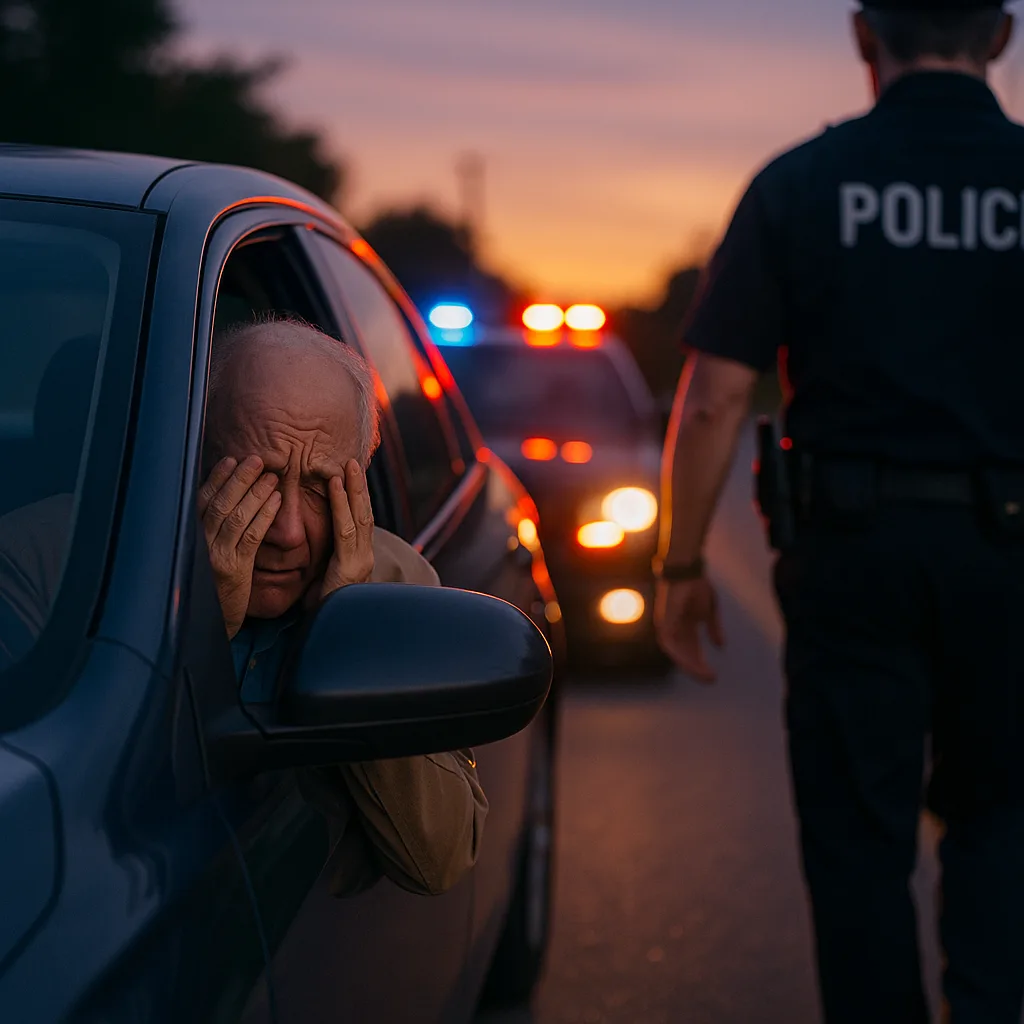 Stressed elderly driver covering face during police traffic stop at sunset with emergency lights in background