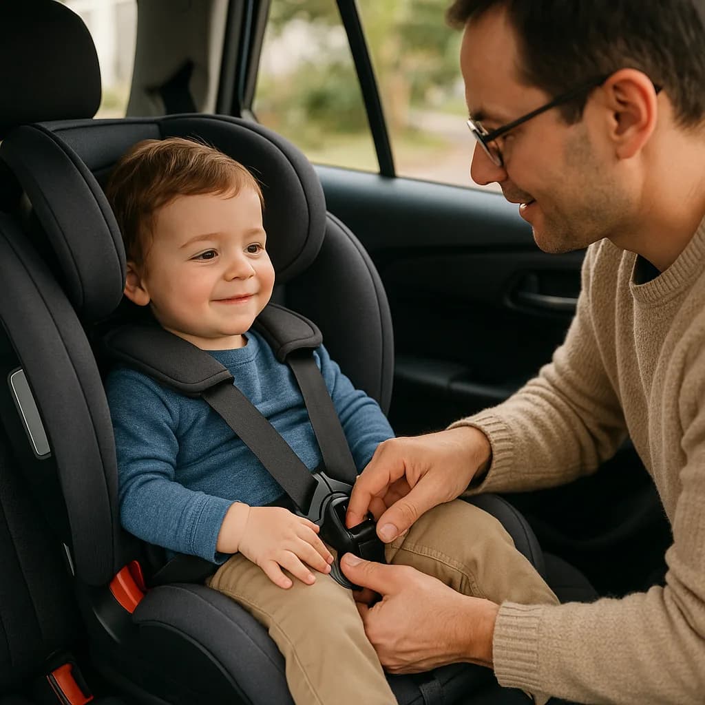 Father buckling young child into car seat while smiling at each other in vehicle interior
