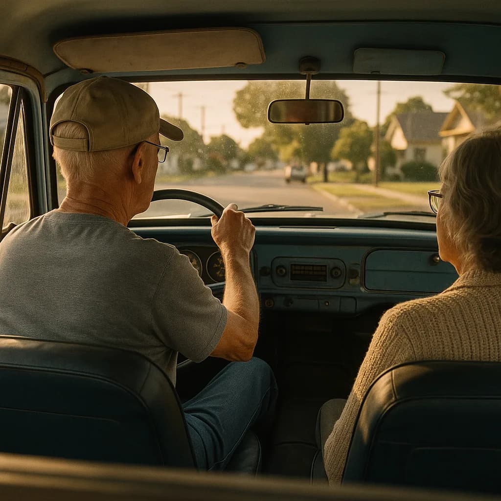 Elderly couple driving vintage car through suburban neighborhood during golden hour