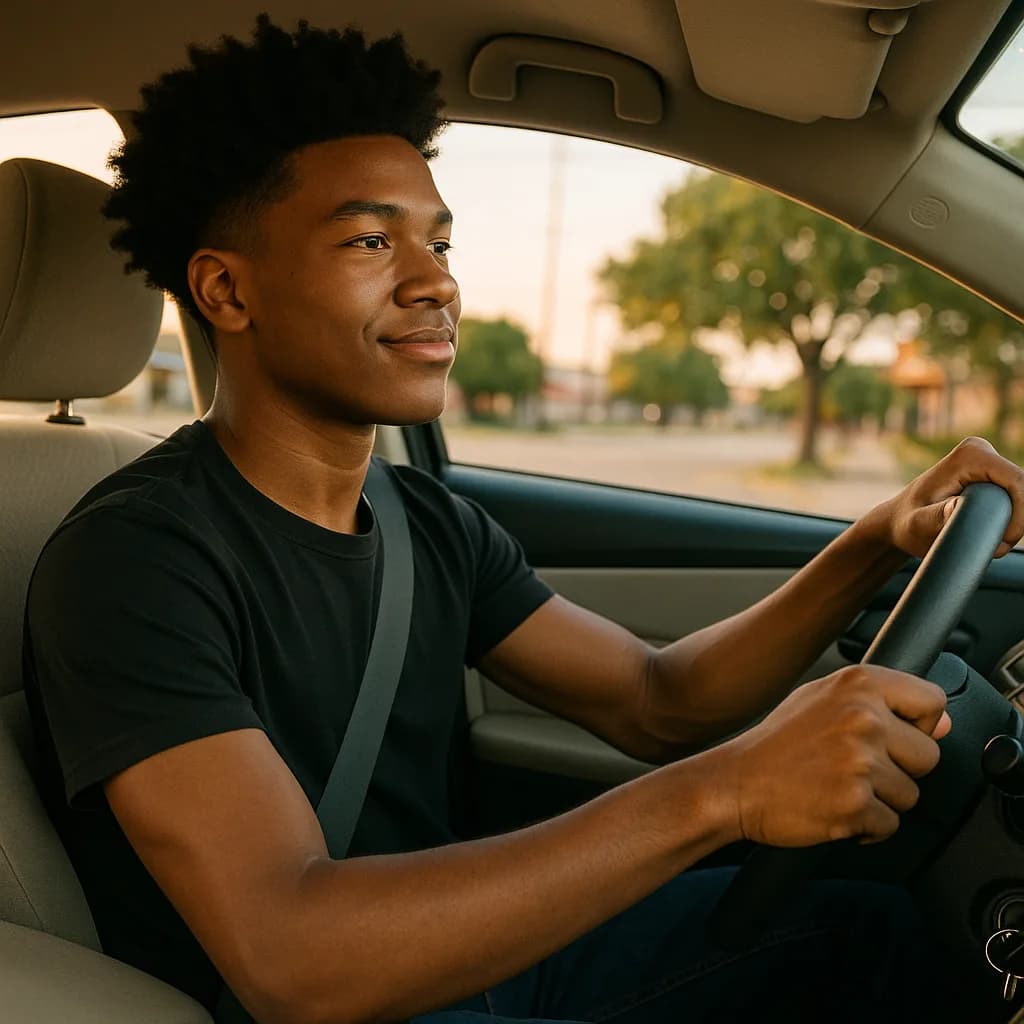 Young man wearing seatbelt driving car in residential area during golden hour