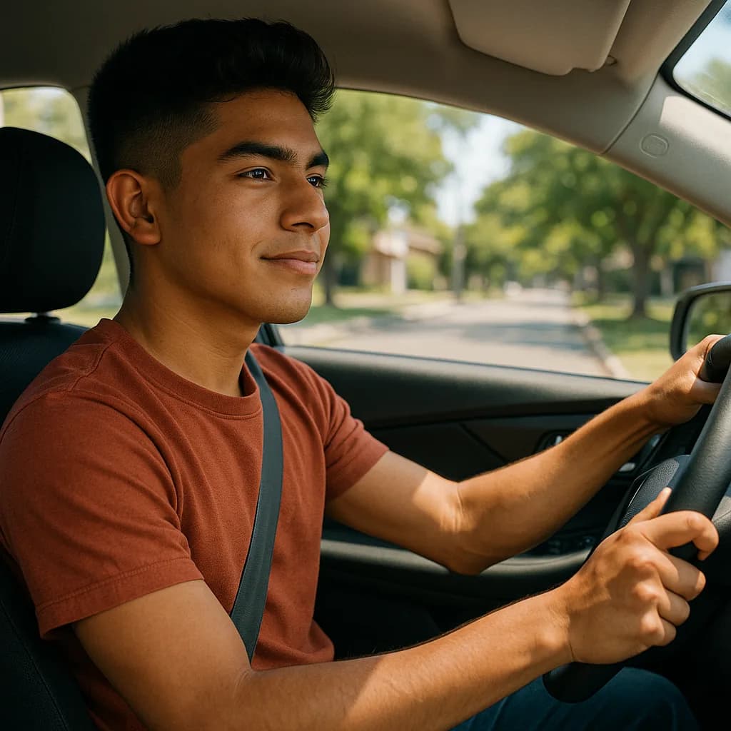 Young man driving car on tree-lined street wearing rust colored shirt and seatbelt