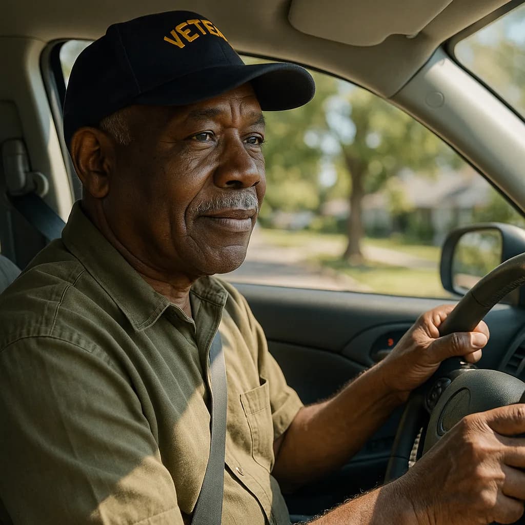 Veteran man wearing cap sitting in driver's seat of car, looking at camera with serious expression