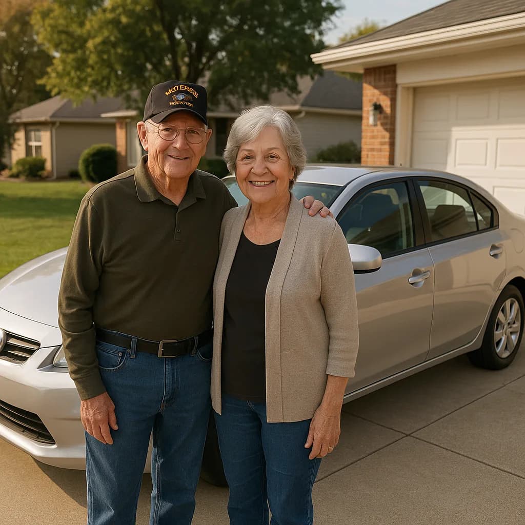 Happy senior couple standing in front of their car in suburban driveway