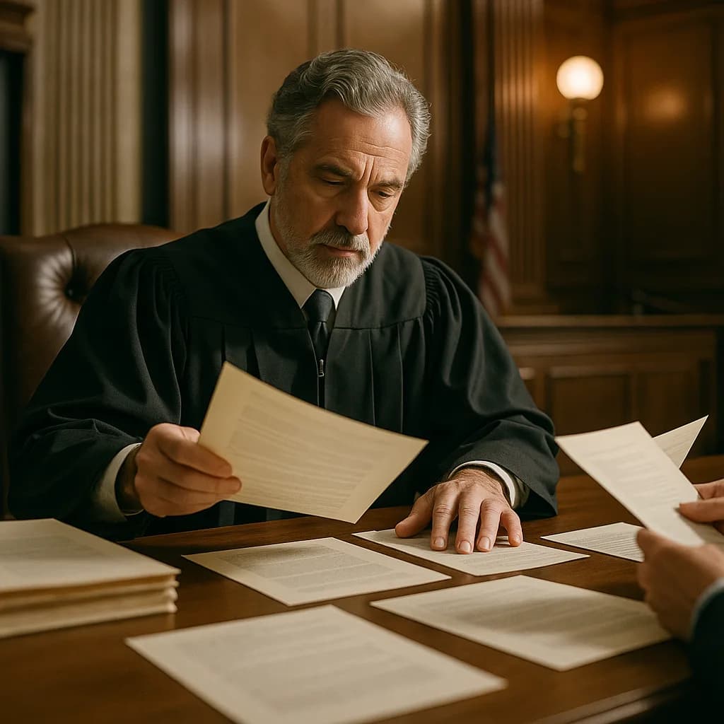 Judge in black robes reviewing legal documents at courtroom desk with wood paneling background