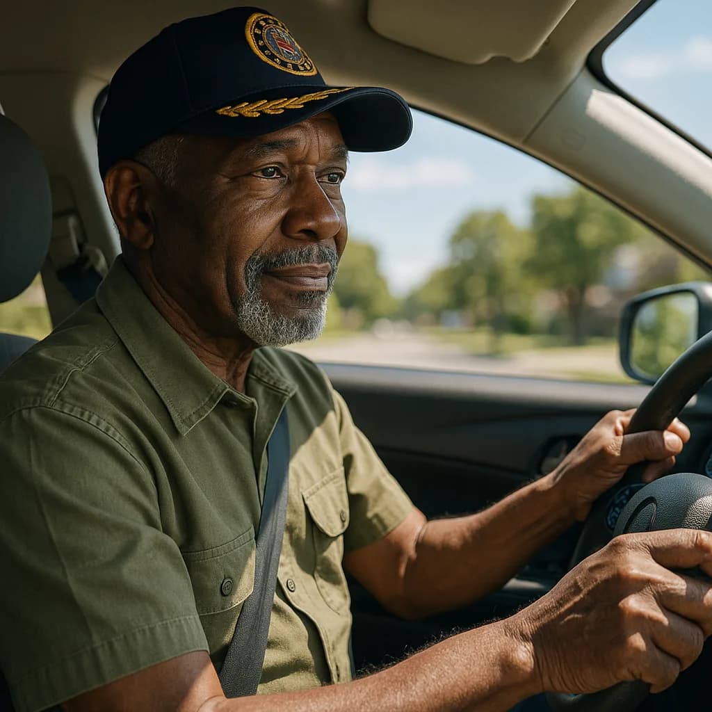 Mature man in captain's cap driving a vehicle, looking thoughtfully to the side in natural lighting