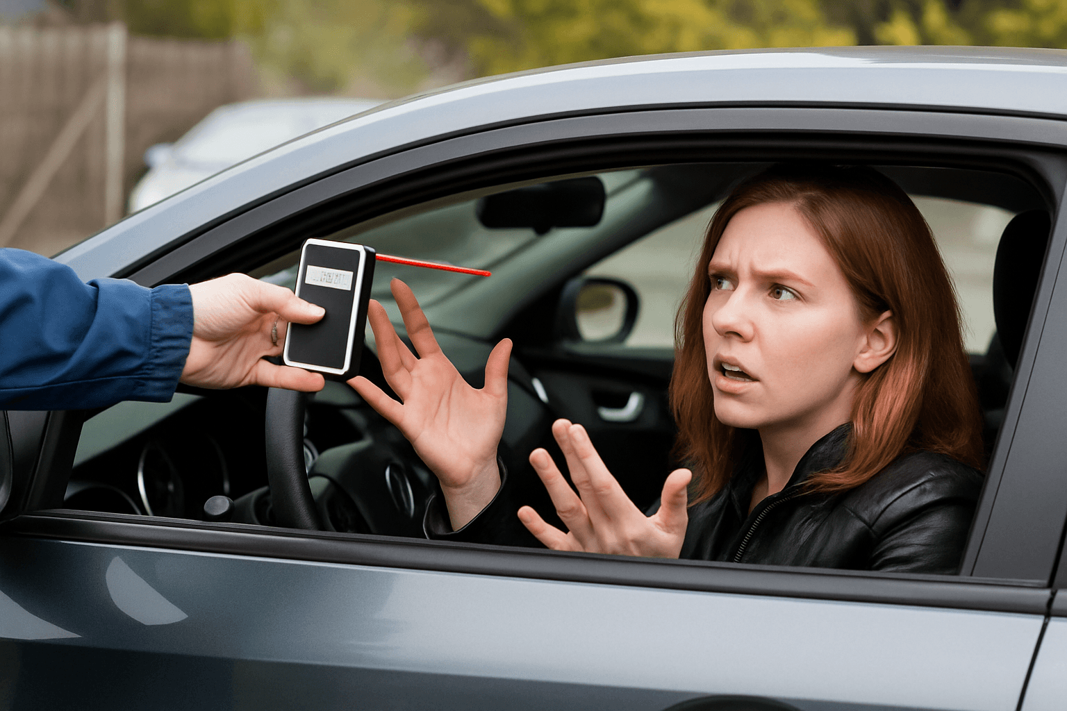 Police officer handing device to concerned female driver during traffic stop