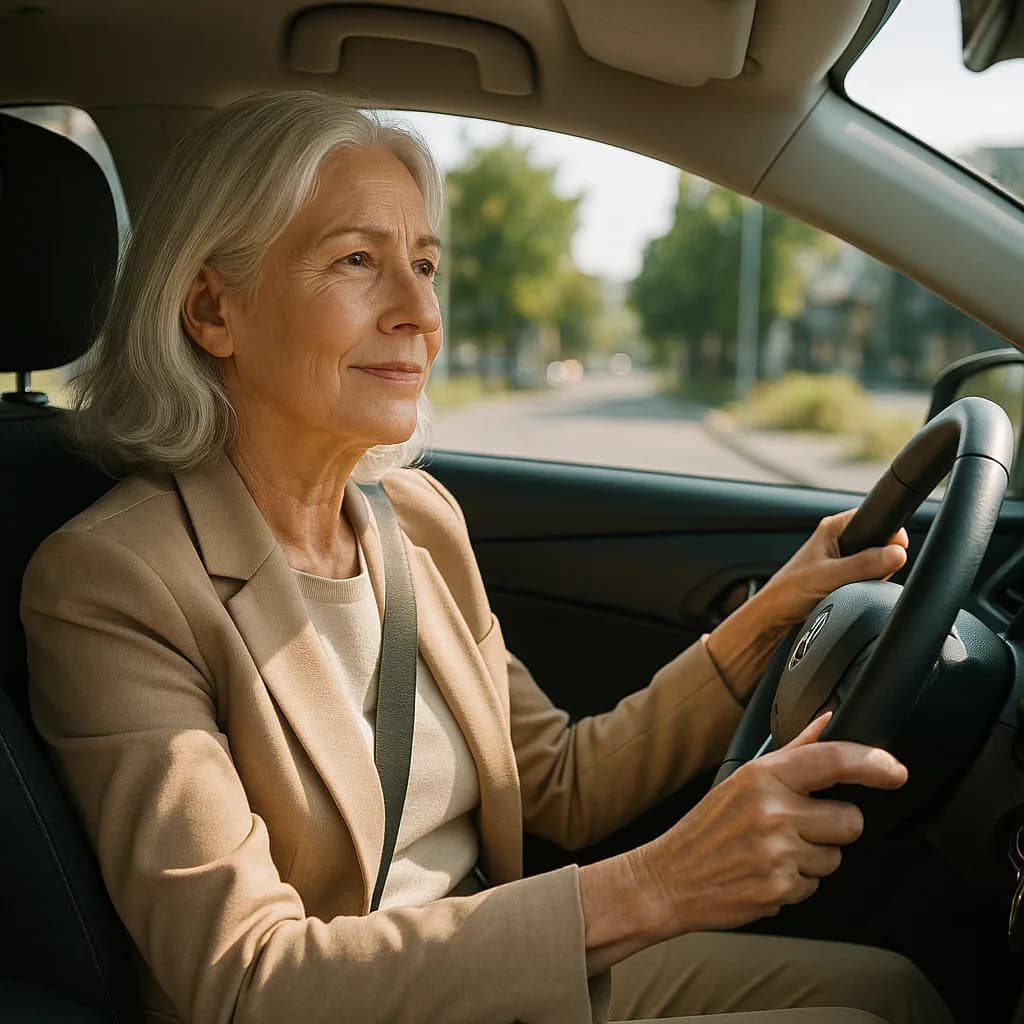 Senior woman with gray hair driving a car, wearing beige blazer, hands on steering wheel