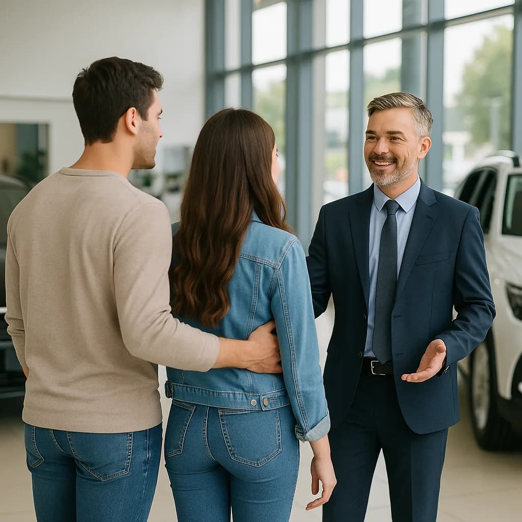 Car salesman in suit greeting young couple in modern dealership showroom