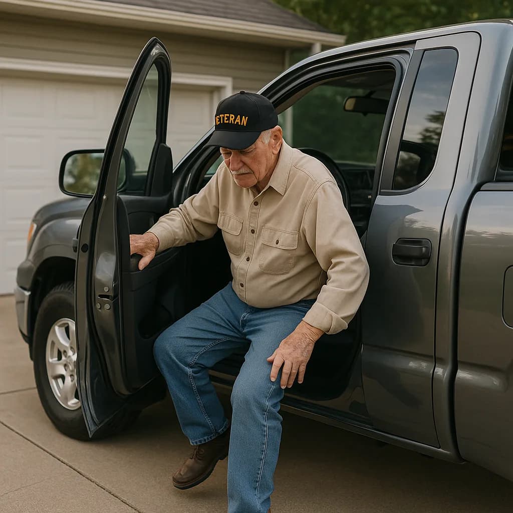 Elderly veteran in cap getting out of pickup truck at home