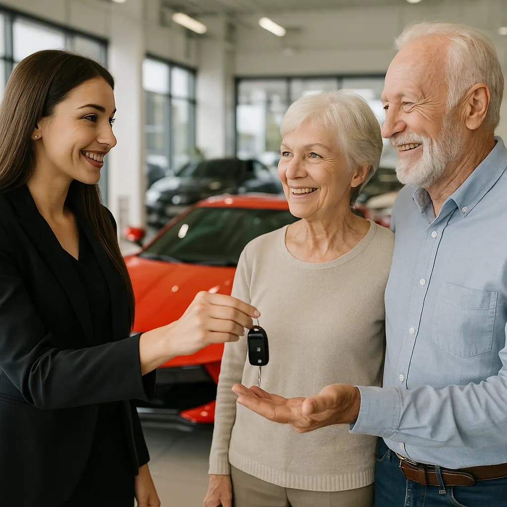 Saleswoman giving car keys to happy senior couple at dealership showroom