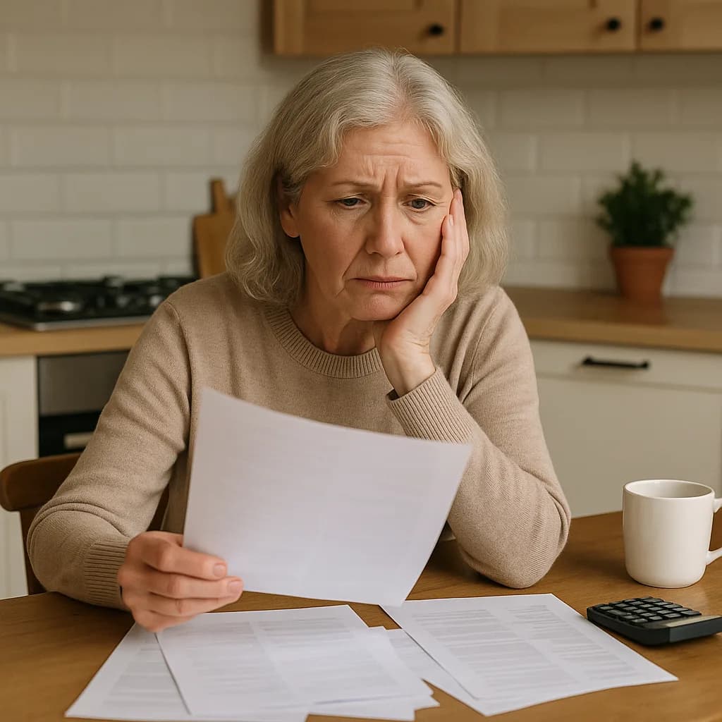 Worried senior woman reviewing bills and financial documents at kitchen table with calculator