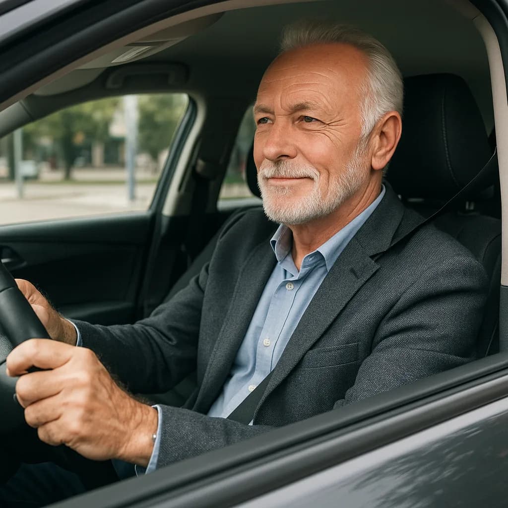 Senior businessman with gray hair sitting in car driver's seat wearing suit jacket and blue shirt