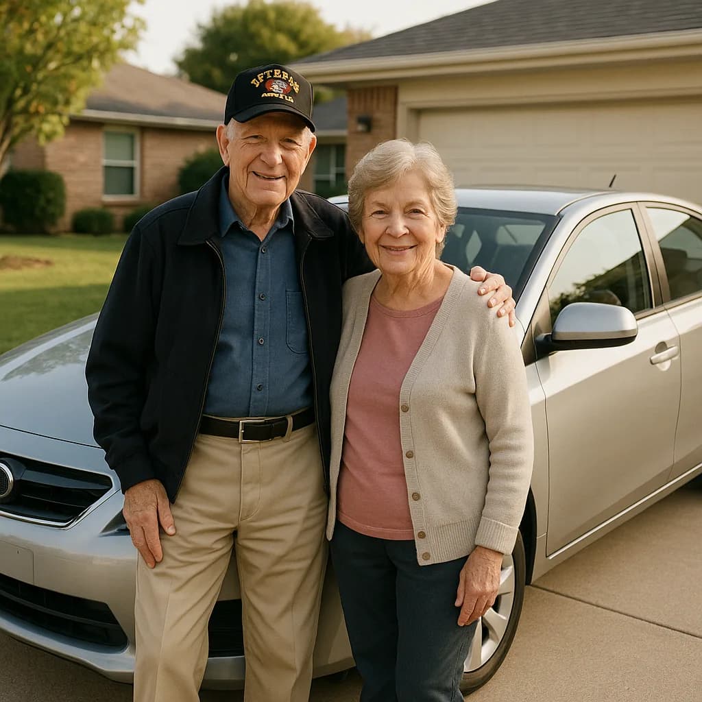 Senior veteran couple posing together in driveway in front of their car and suburban home