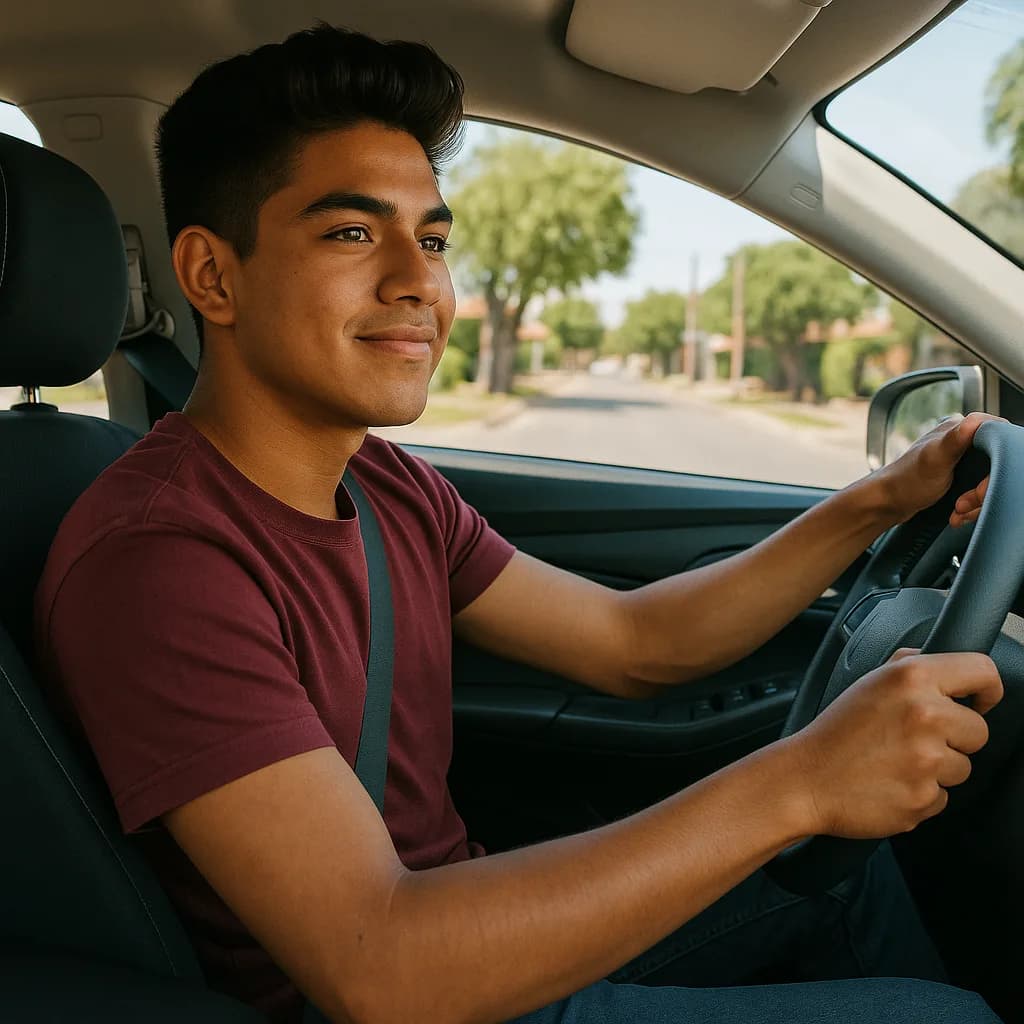Young man smiling while driving a car in a residential neighborhood