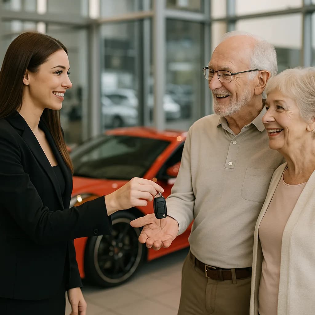 Saleswoman handing car keys to smiling senior couple at dealership with orange sports car in background