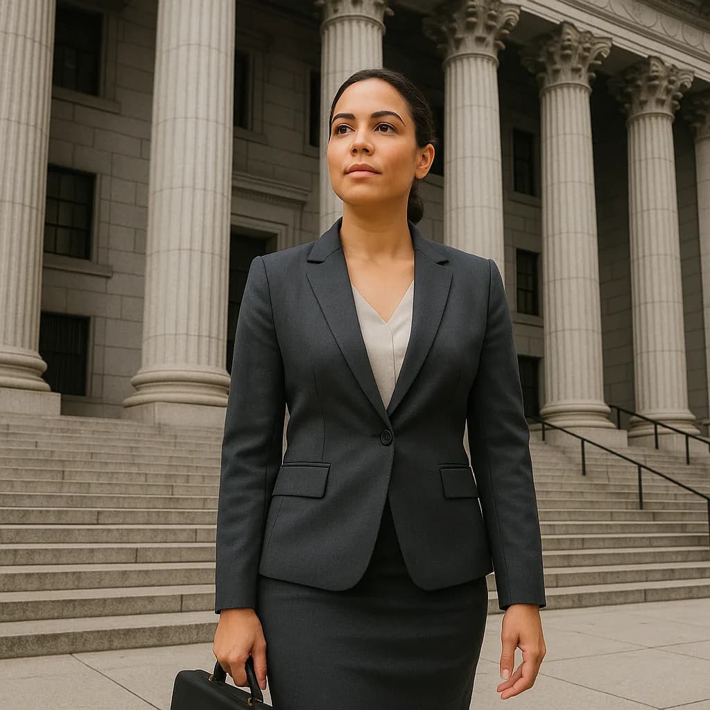 Professional woman in business suit standing on courthouse steps with classical columns behind her