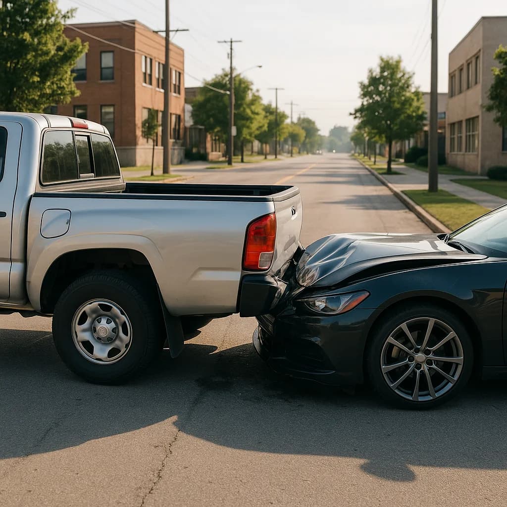 Two vehicles in a rear-end collision on a residential street, showing damage to the front of a blue sedan