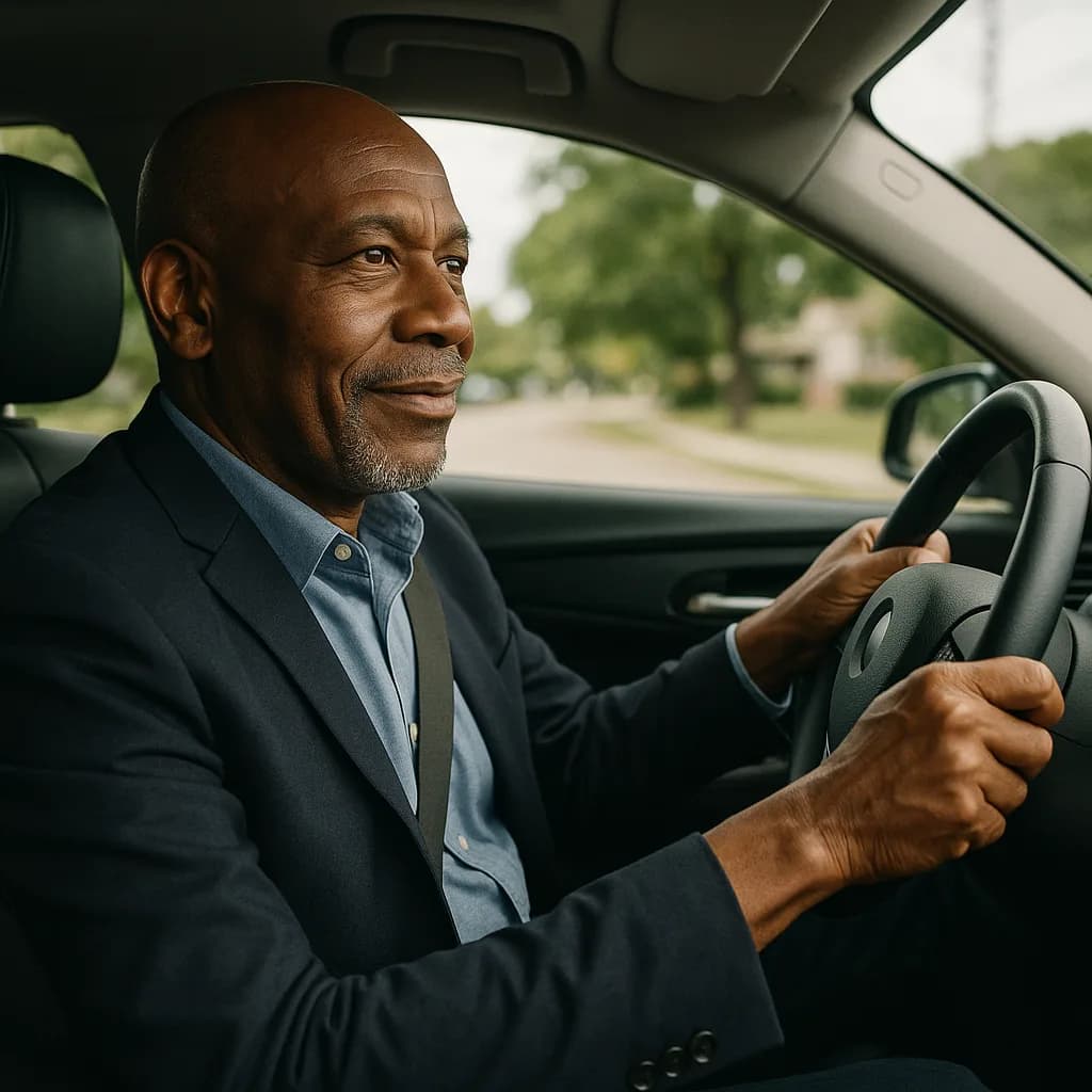 Professional African American man in navy blazer driving car, looking at camera with confident smile