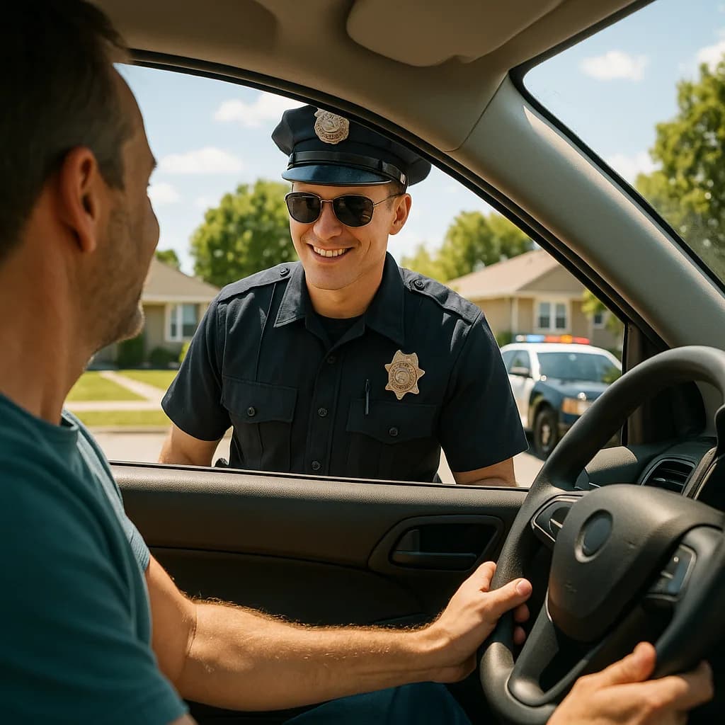 Police officer in uniform and sunglasses speaking to driver during traffic stop in suburban neighborhood