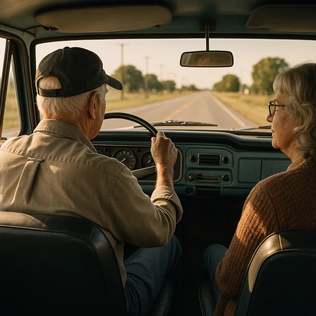 Elderly couple driving vintage car on rural highway, viewed from back seat