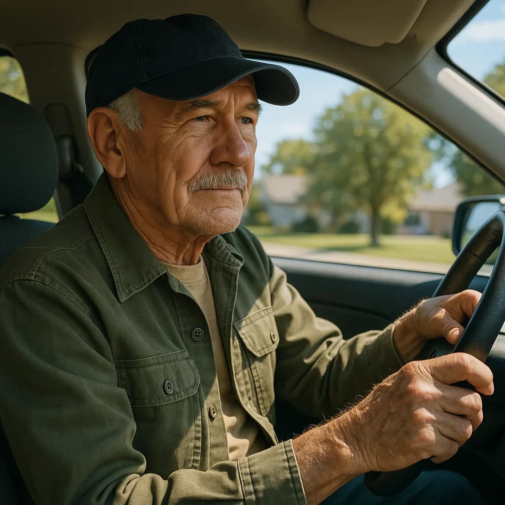 Older man with mustache and cap sitting in driver's seat of car, looking ahead thoughtfully