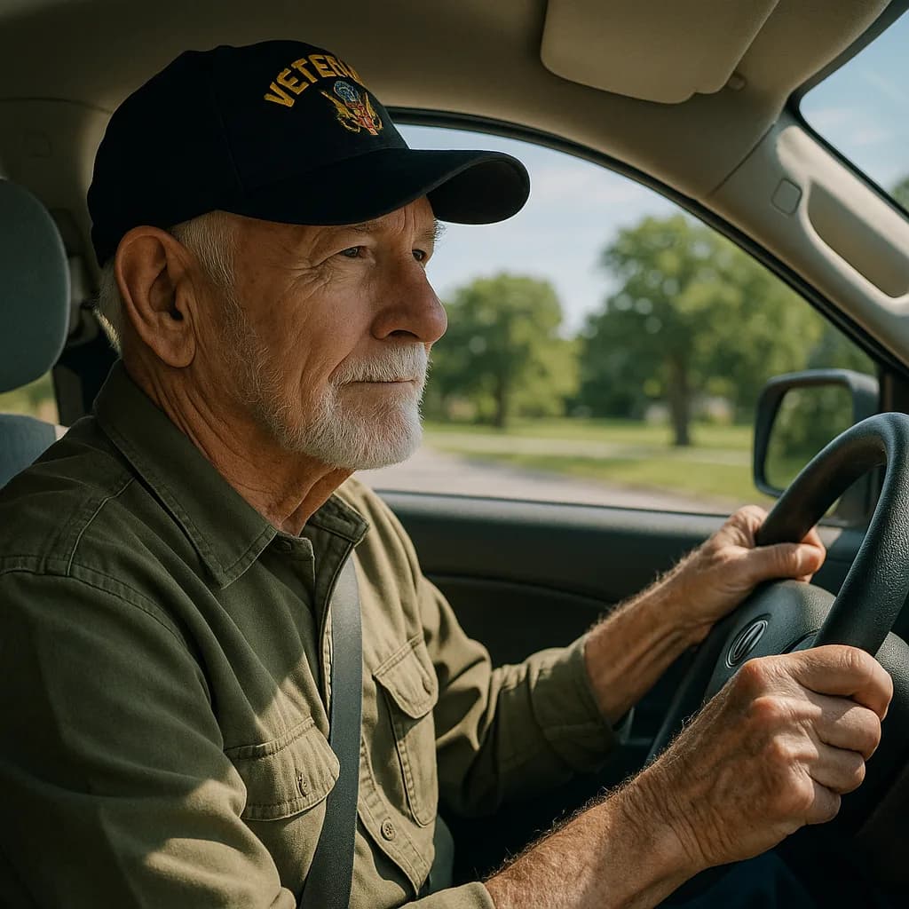 Elderly veteran in black cap driving a car on a tree-lined road