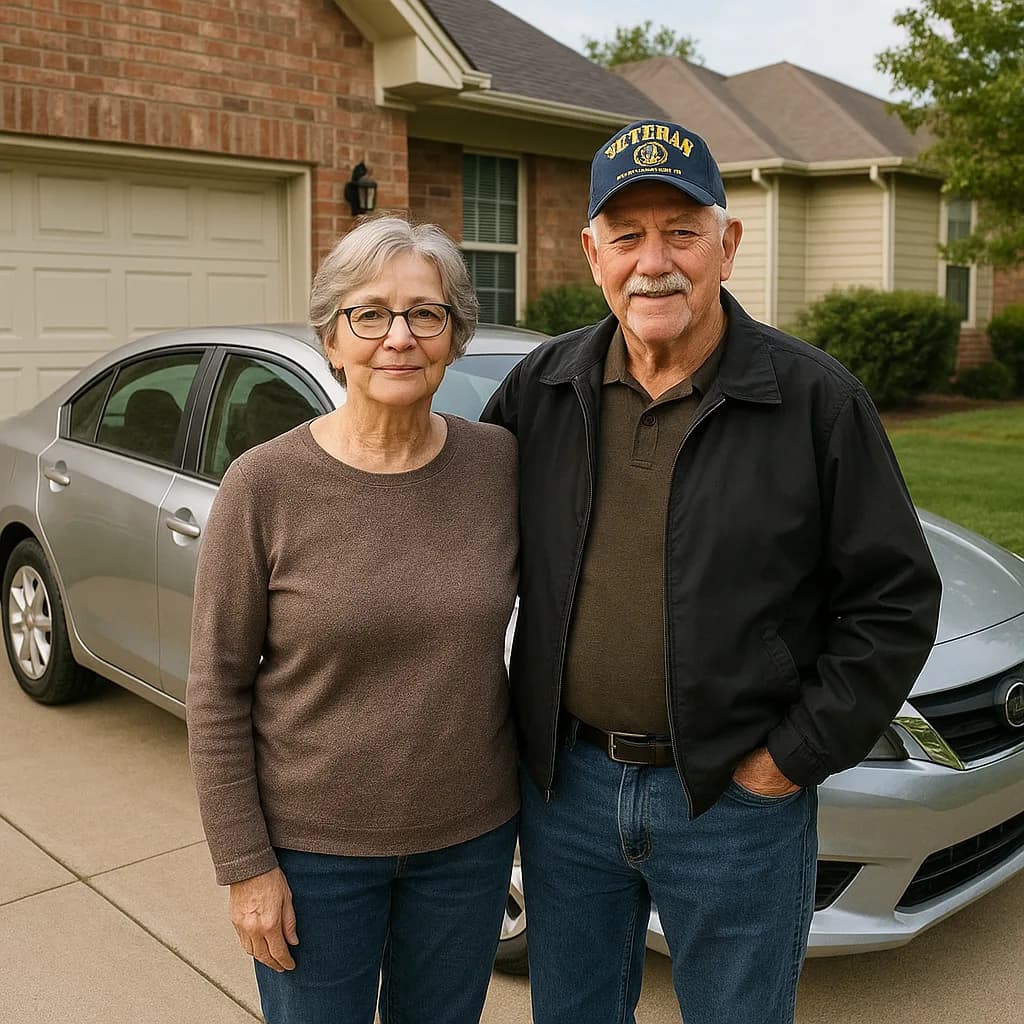 Senior couple standing in front of their home and car in residential driveway