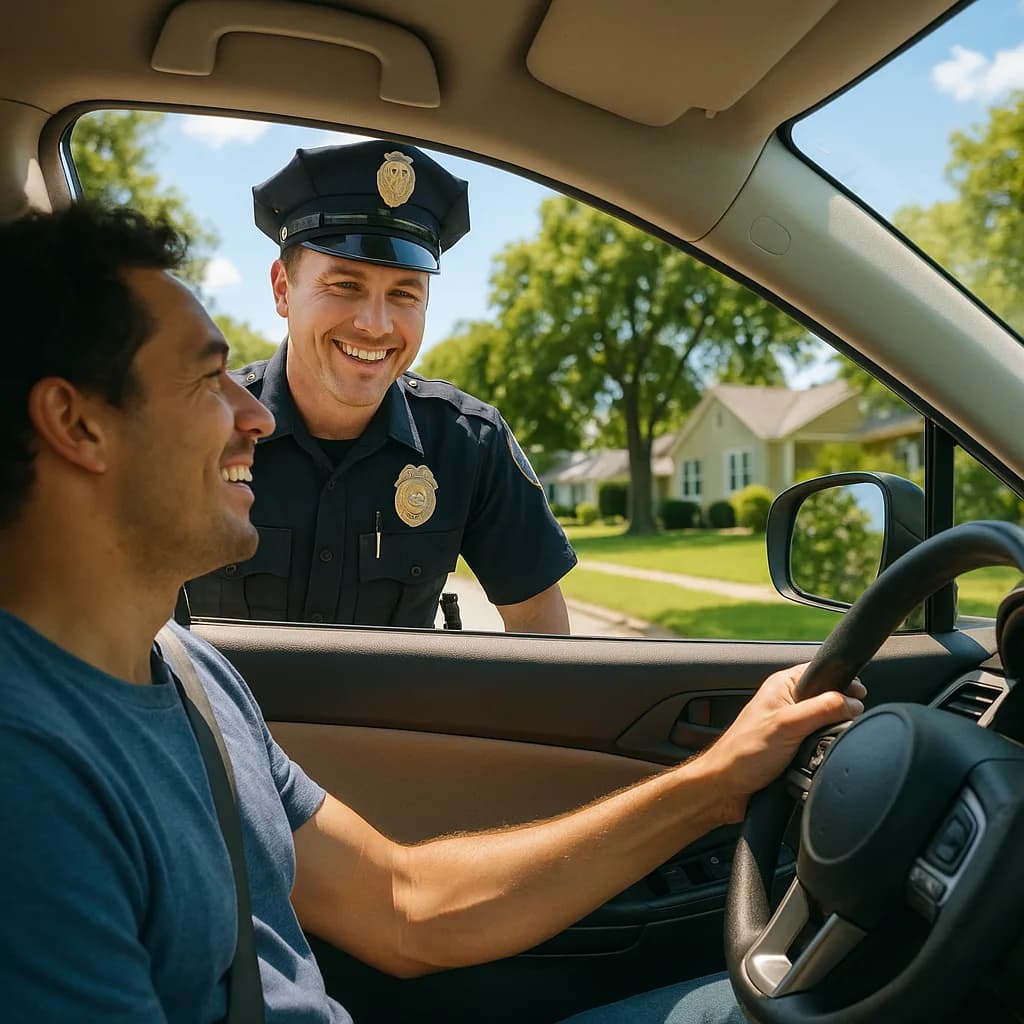 Police officer smiling while speaking to driver during friendly traffic stop in residential area