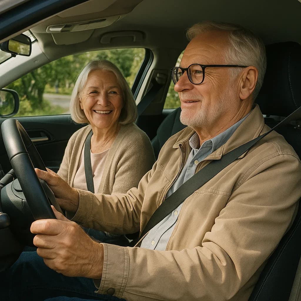 Senior couple smiling inside car, man driving with woman as passenger on scenic road