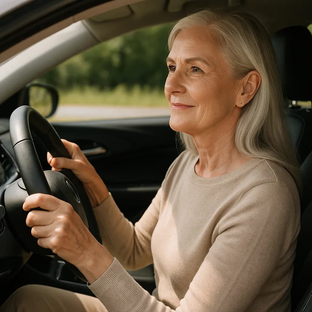 Senior woman with gray hair driving a car, smiling confidently while holding the steering wheel