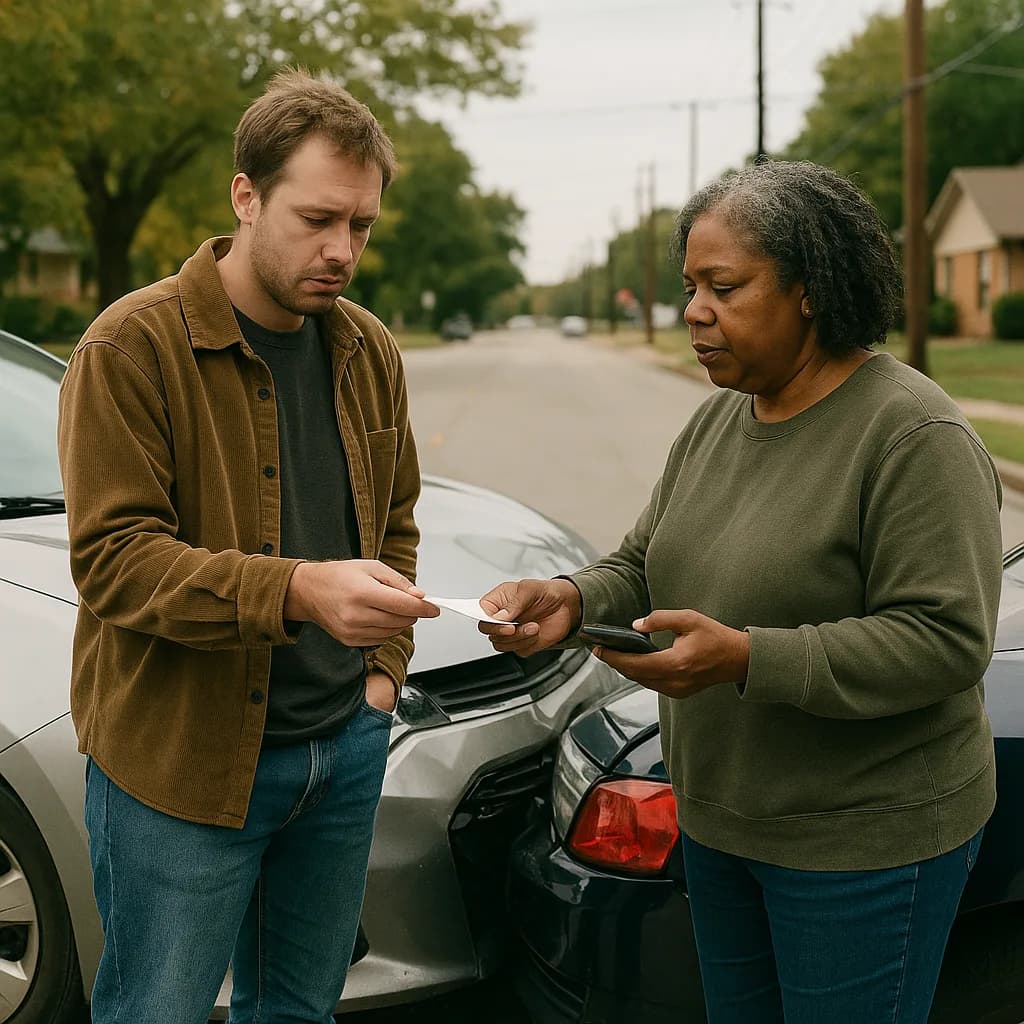 Two people exchanging insurance information next to a damaged car on a residential street