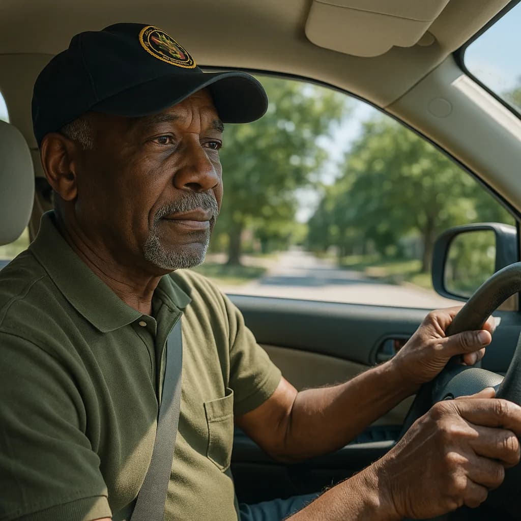Mature man in cap and green polo shirt sitting in driver's seat of car on tree-lined road